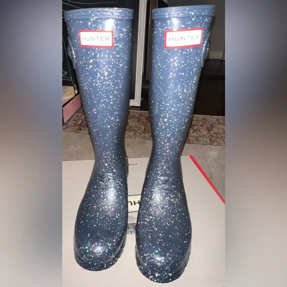 NIB Hunter Original Giant Glitter Glitter Rain Boots Valtameri Blue Size EU 37 - Picture 6 of 14